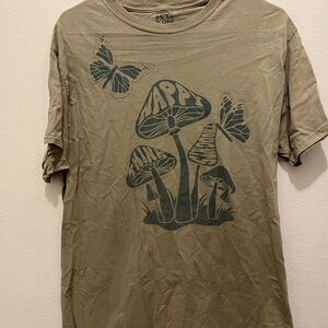 Green Graphic T-Shirt with Mushrooms and Butterflies